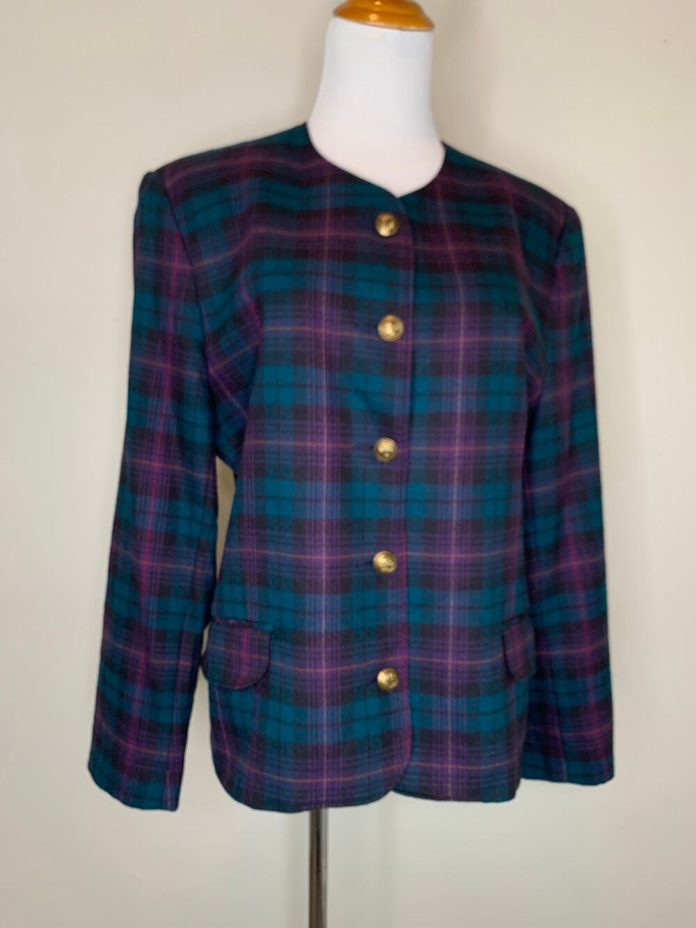 Vintage Alfred Dunner Teal Purple Plaid Blazer Sz 12